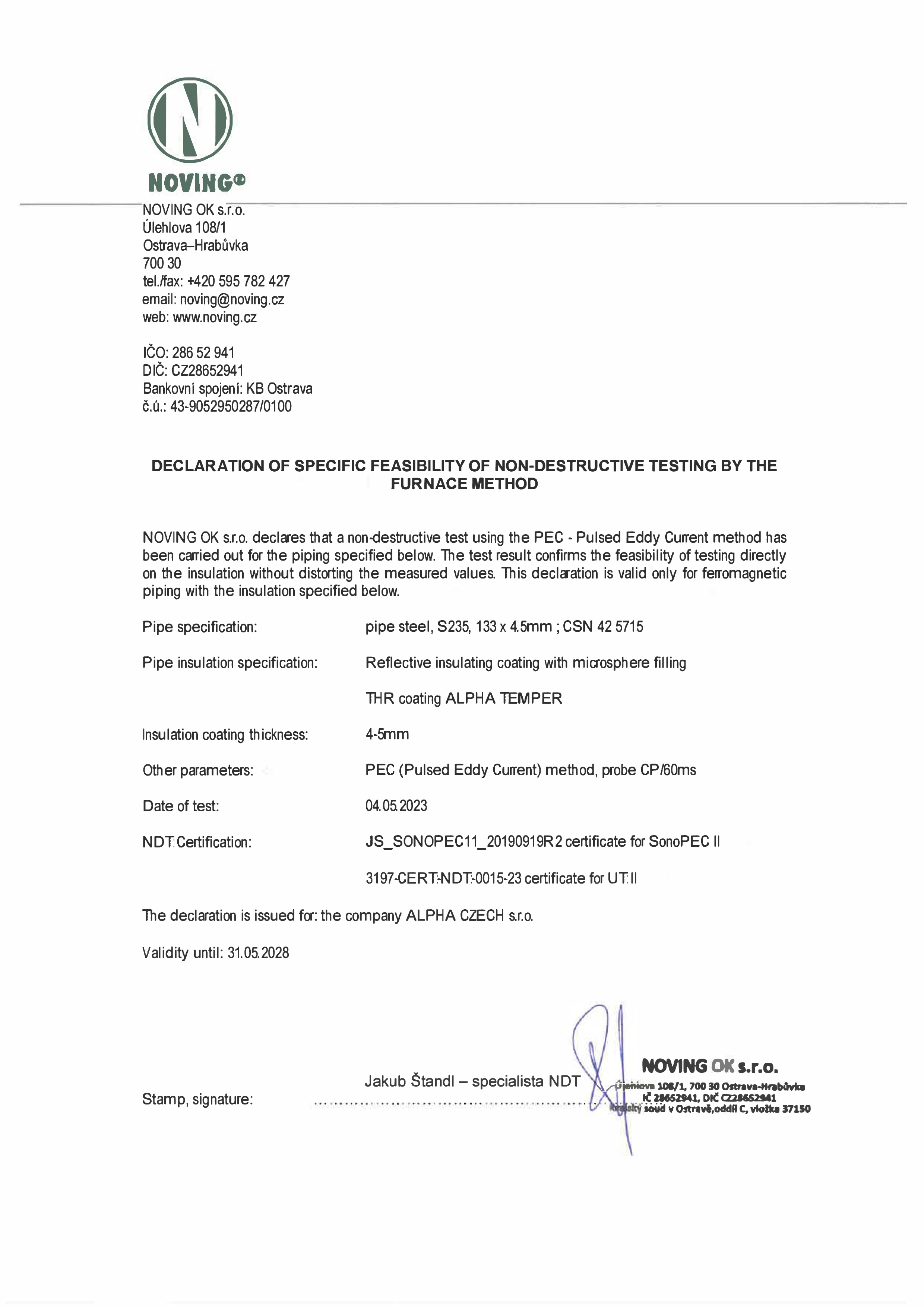 Declaration of specific feasibility of NDT